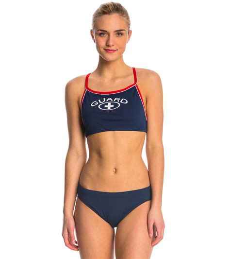 Waterpro Lifeguard Thin Strap Piped Two Piece Bikini Swimsuit Set Navy At