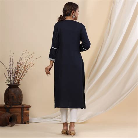 Navy Blue Floral Embroidered Rayon Naira Cut Kurti