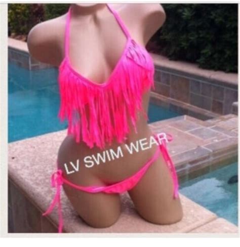 Sexy Bubble Gum Pink Tassel Fringe Scrunch Butt Pucker Brazilian Bikini