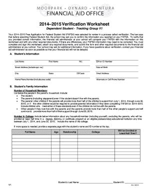 Fillable Online Vcccd 2014 2015 Verification Worksheet Dependent