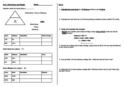 Work Force X Distance Worksheet