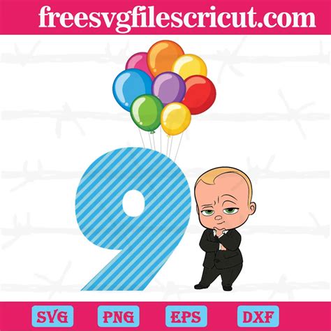 Happy Birthday Balloon Boss Baby In Black Suit Nine Years Old Svg Png