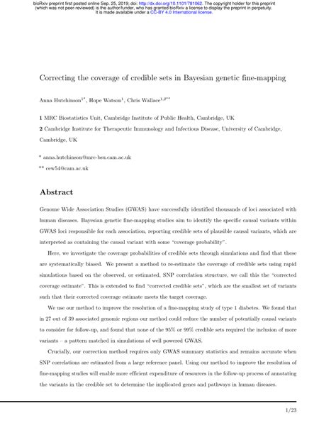 Pdf Correcting The Coverage Of Credible Sets In Bayesian Genetic Fine