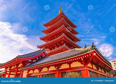 Low Angle Shot Of The Five Story Pagoda Of Senso Ji In Tokyo Japan