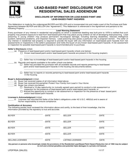 Free Printable Lead Paint Disclosure Form Printable Forms Free Online