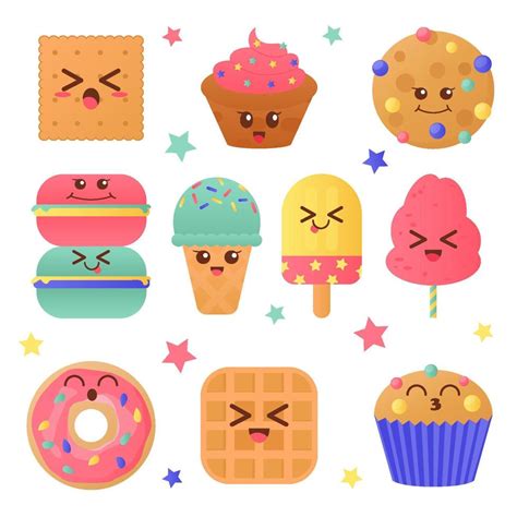 Set Of Kawaii Sweet Food Donut Ice Cream Muffin Smoothies