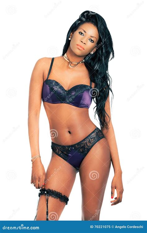 African American Woman In Black Violet Lingerie Isolated On White Stock