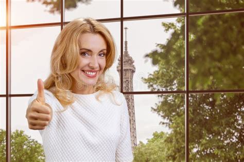 Portrait Of A Happy Mature Blond Woman Gives Her Thumb Up Stock Image Image Of Girl Approve