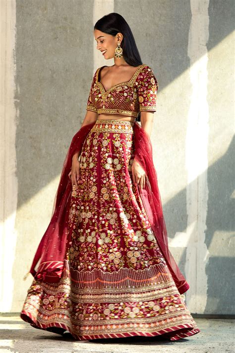 Buy Red Lehenga Modal Satin Blouse Dupion Floral Embroidered Bridal Set