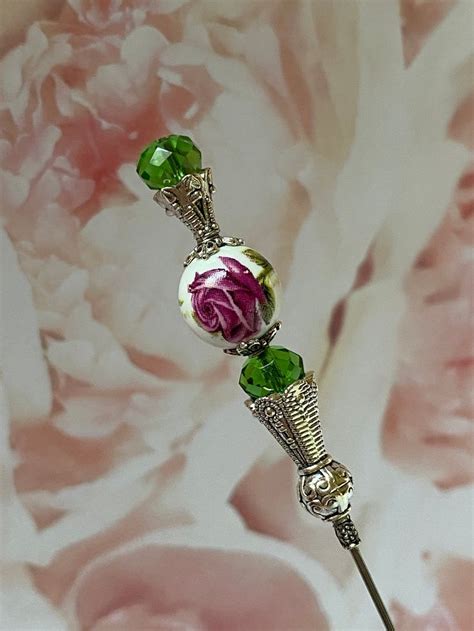 Victorian Hatpin Beautiful Rose And Green Crystal Glass Sturdy Steel