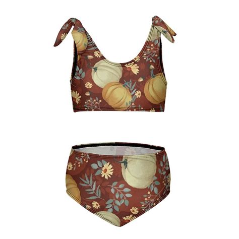 Autumn Pumpkins Maroon Background Girl S 2 Piece Bikini Set Beach Sport Swimsuit Swimwear 11 13Y
