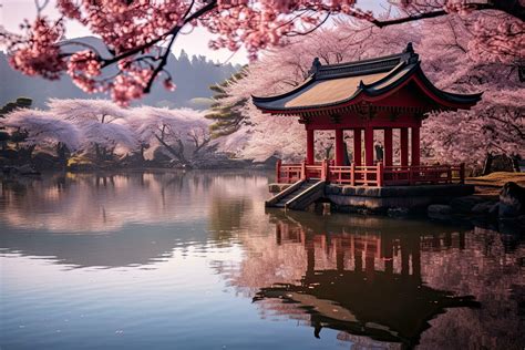 AI generated Beautiful japanese garden with cherry blossom and pagoda ...