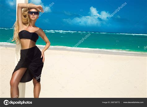 Beautiful Sexy Woman Bikini Posing Caribbean Beach Stock Photo