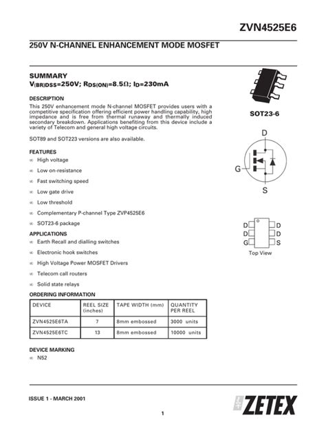 Zvn E N Channel Enhancement Mode Mosfet Datasheet