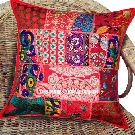 X Vibrant Red Boho Patchwork Accent Square Throw Pillow Cover