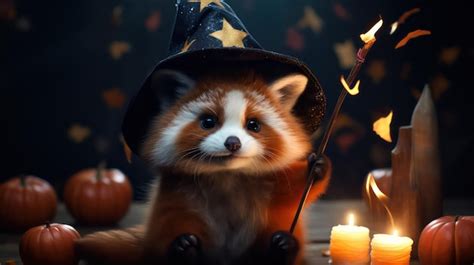 Premium AI Image | a photograph of cute red panda use witch hat for ...