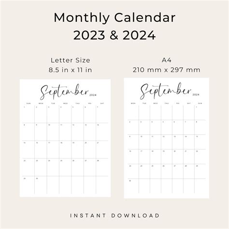 2023 2024 Calendar Printable 2023 2024 Monthly Planner Portrait A4 Letter Size Elegant Monthly ...