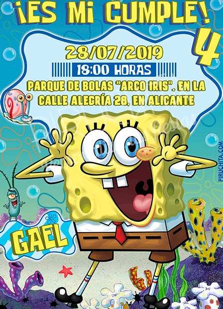 Invitación cumpleaños Bob Esponja 01 Digital Imprimible Piruchita