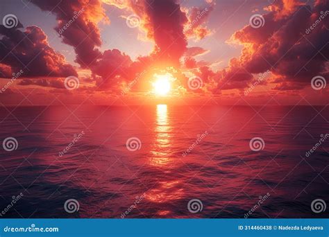 Colorful Ocean Beach Sunrise With Deep Blue Sky And Sun Rays Stock