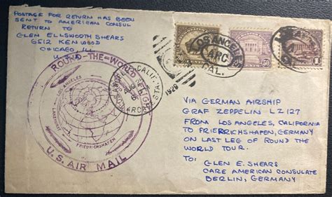 1929 USA LZ 127 Graf Zeppelin First Round The World Flight Cover To