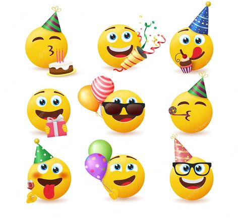 Conjunto De Vectores De Cumpleaños Emoji Emojis En Fiesta Celebrando