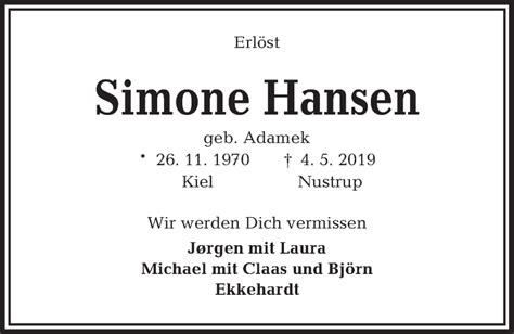 Traueranzeigen Von Simone Hansen Trauer Anzeigen De