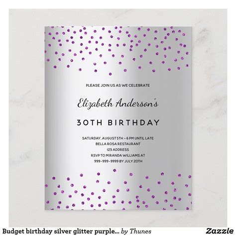 Budget Birthday Silver Glitter Purple Invitation 30th Birthday Party