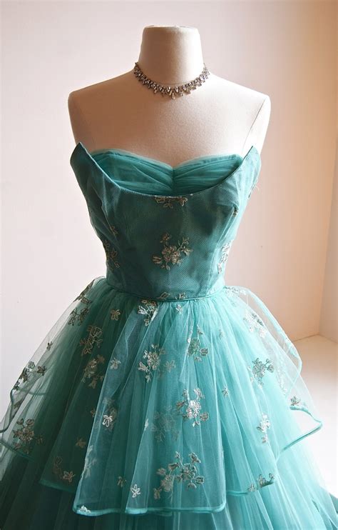 Vintage 1950s Emma Domb Strapless Tulle Prom Dress In Sea Foam