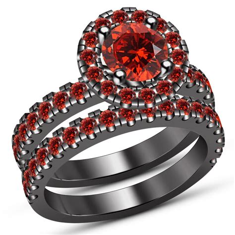 Round Garnet Bridal Set 14k Black Gold Over Womens Engagement Ring