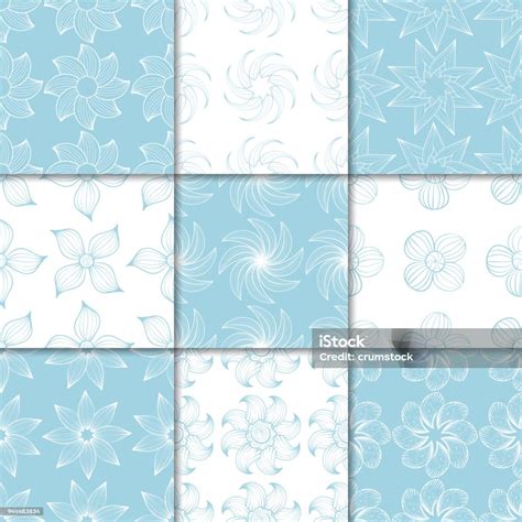 Blue And White Floral Ornaments Collection Of Seamless Patterns Stock