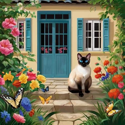 Una Pintura De Un Gato Sentado En Un Porche Con Mariposas Y Flores