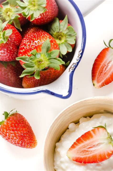 Cottage Cheese With Fresh Strawberries For Breakfast Stock Photo