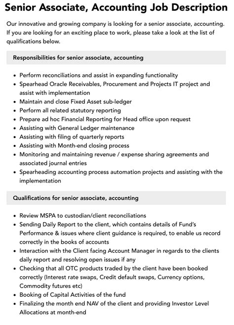 Senior Associate Accounting Job Description Velvet Jobs