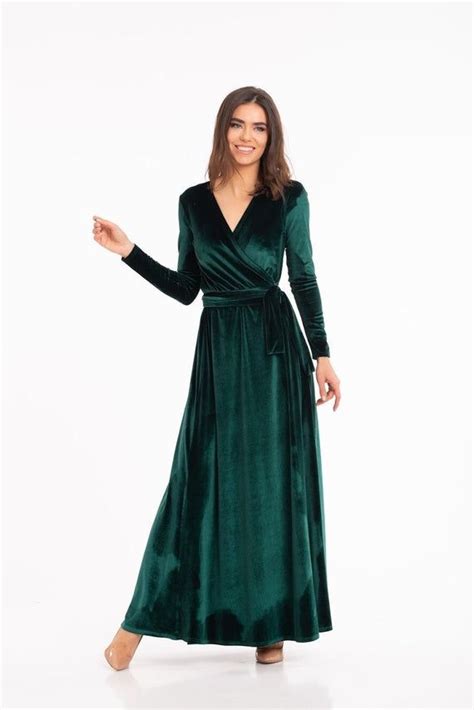 Emerald Green Velvet Dress Long Sleeve Velvet Dress Wrap Maxi Dress