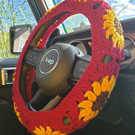 Sunflower Crochet Steering Wheel Cover Etsy Crochet Car Crochet