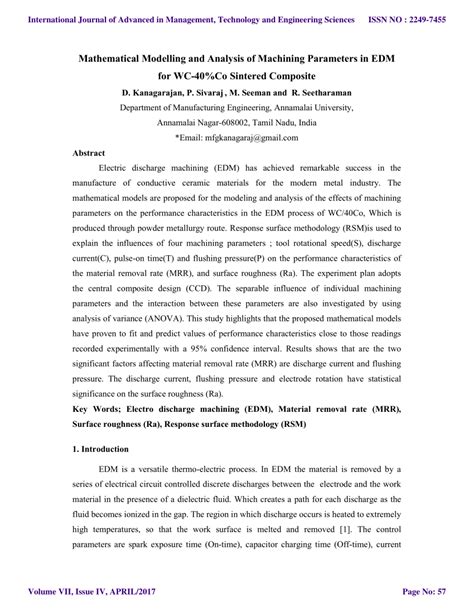 PDF Mathematical Modelling And Analysis Of Machining Parameters In