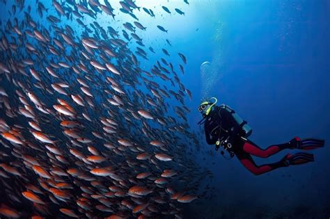 Premium Ai Image Scuba Diver Swimming Among Schools Of Vibrant Fish