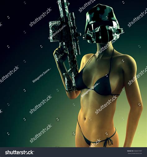 Beautiful Sexy Bikini Woman Holding Army Stock Photo