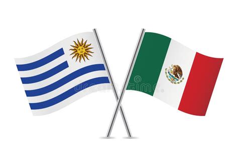 Uruguay And Mexico Flags Crossed And Waving Flat Style Official