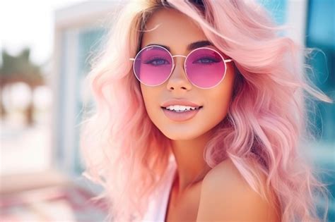 Premium Photo Joyful Blonde Beauty Soaking Up Sun In Pink Shades