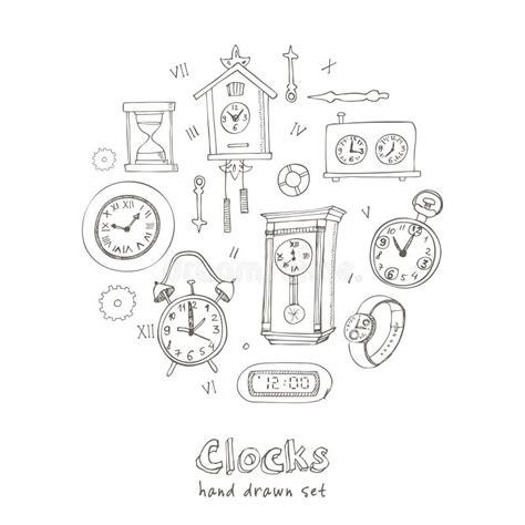 Set Of Doodle Sketch Clocks And Watches Stock Vector Illustration Of