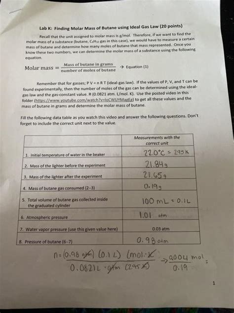 Lab K Finding Molar Mass Of Butane Using Ideal Gas