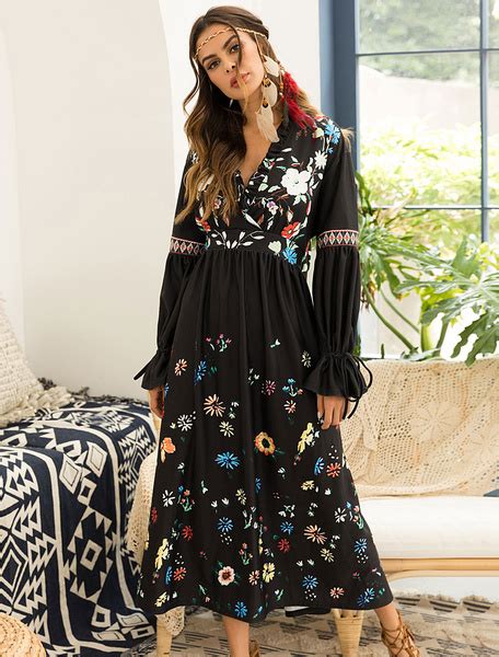 Black Boho Floral Maxi Long Sleeve Plunging Fall Dress Power Day Sale