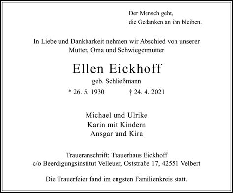 Traueranzeigen Von Ellen Eickhoff Trauer In Nrw De