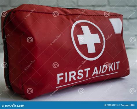 First Aid Kit On A Light Background Sickness Pharmacy Equipment Stock