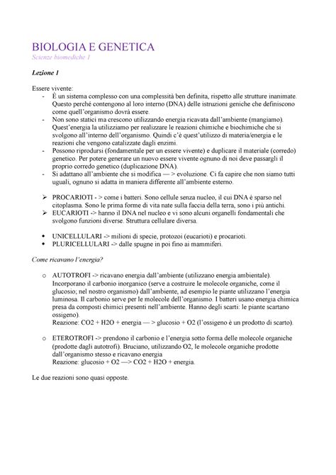 Biologia E Genetica BIOLOGIA E GENETICA Scienze Biomediche 1 Lezione