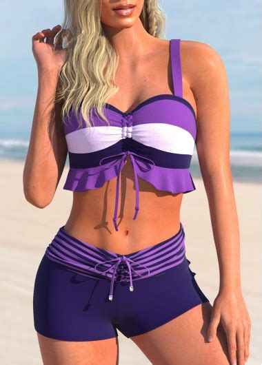 Drawstring Striped Purple Ruffle Bikini Top Modlily USD 37 98