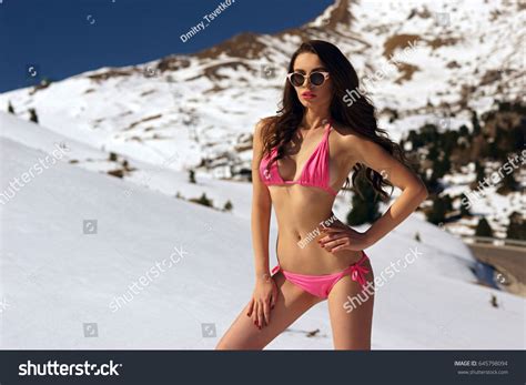 Sexy Bikini Model Posing Snowy Mountains Stock Photo Shutterstock