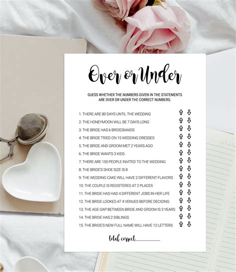 Bridal Over Or Under Bridal Shower Games Wedding Game Black Etsy