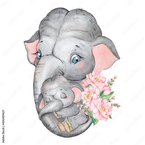 Watercolor Illustration Of An Elephant Mother Holding A Baby Elephant